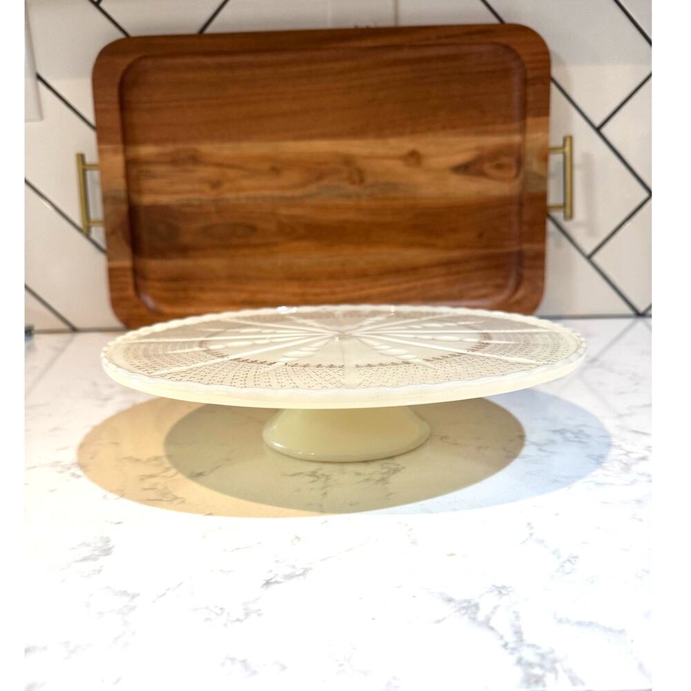 vintage Anchor Hocking milk glass cake stand Fleur de Lis gold accents 50s